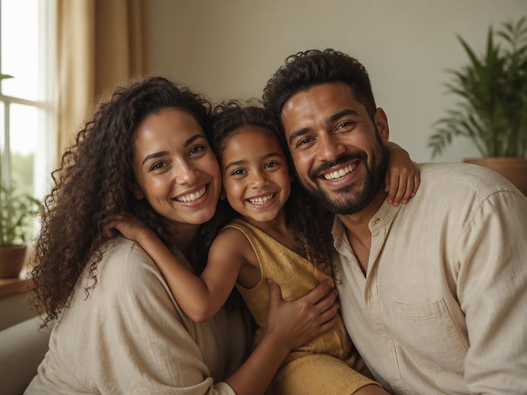 Família sorrindo em casa na Região Serrana, protegida por plano de saúde familiar